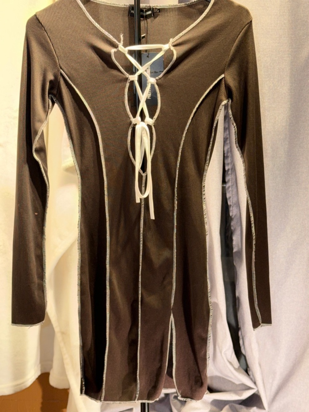 Brown Long Sleeve Lace-Up Ribbed Mini Dress with Contrast Stitching Bodycon Sz S - Picture 3 of 11